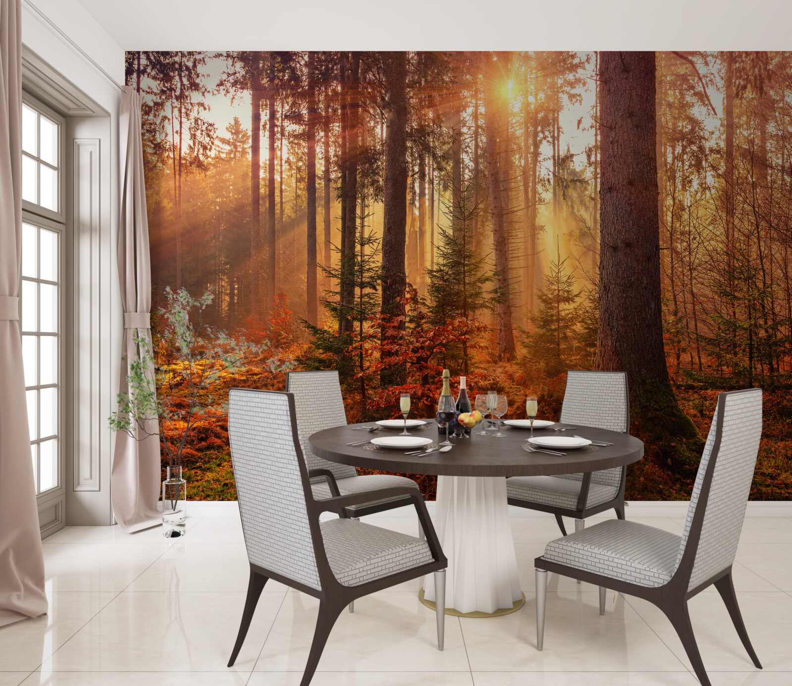 Fototapet pădure de toamnă luminată de razele soarelui