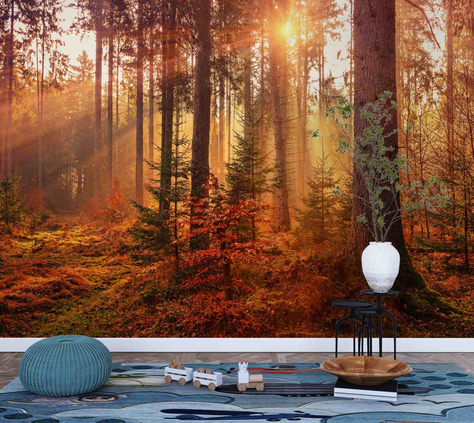 Fototapet pădure de toamnă luminată de razele soarelui