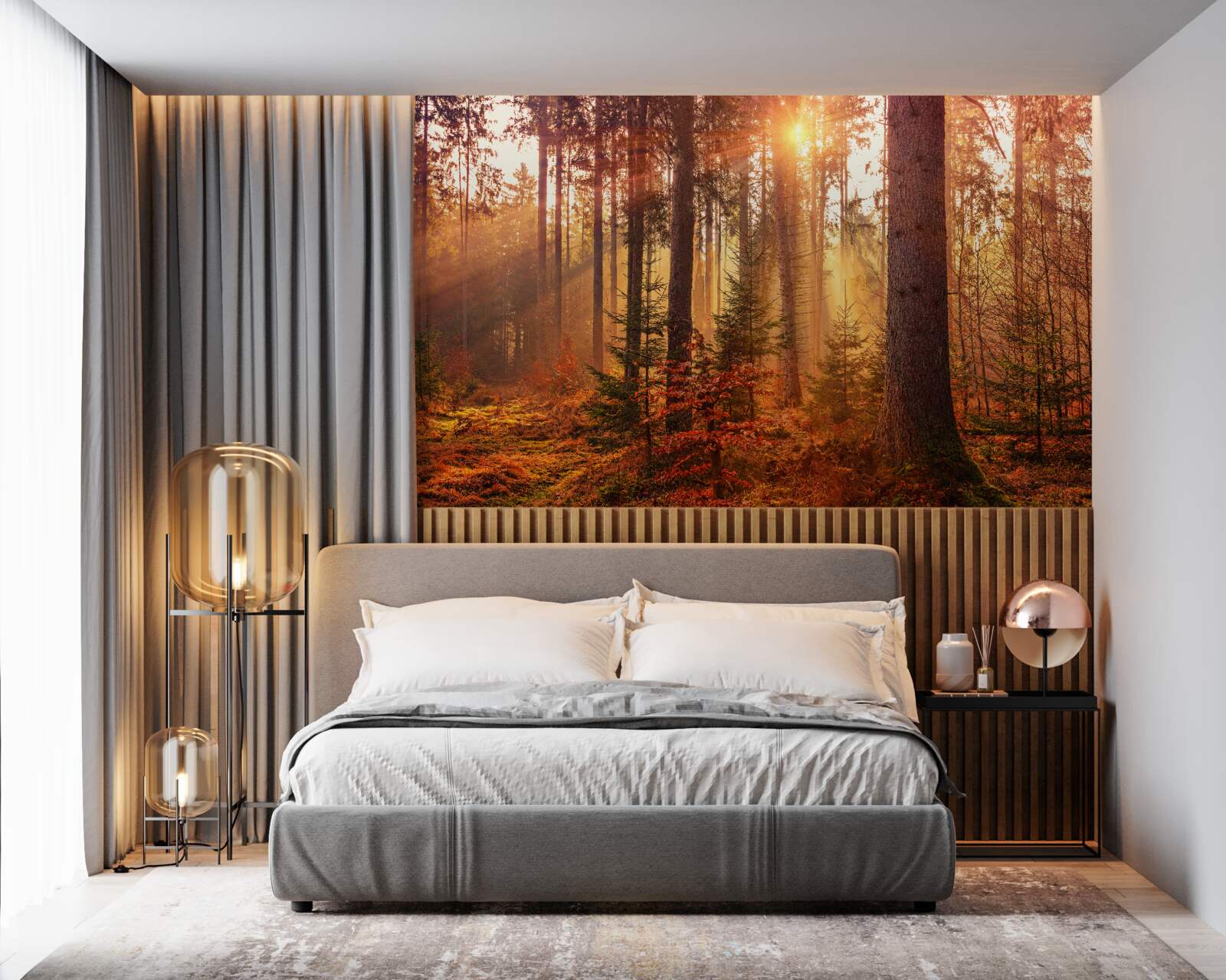 Fototapet pădure de toamnă luminată de razele soarelui