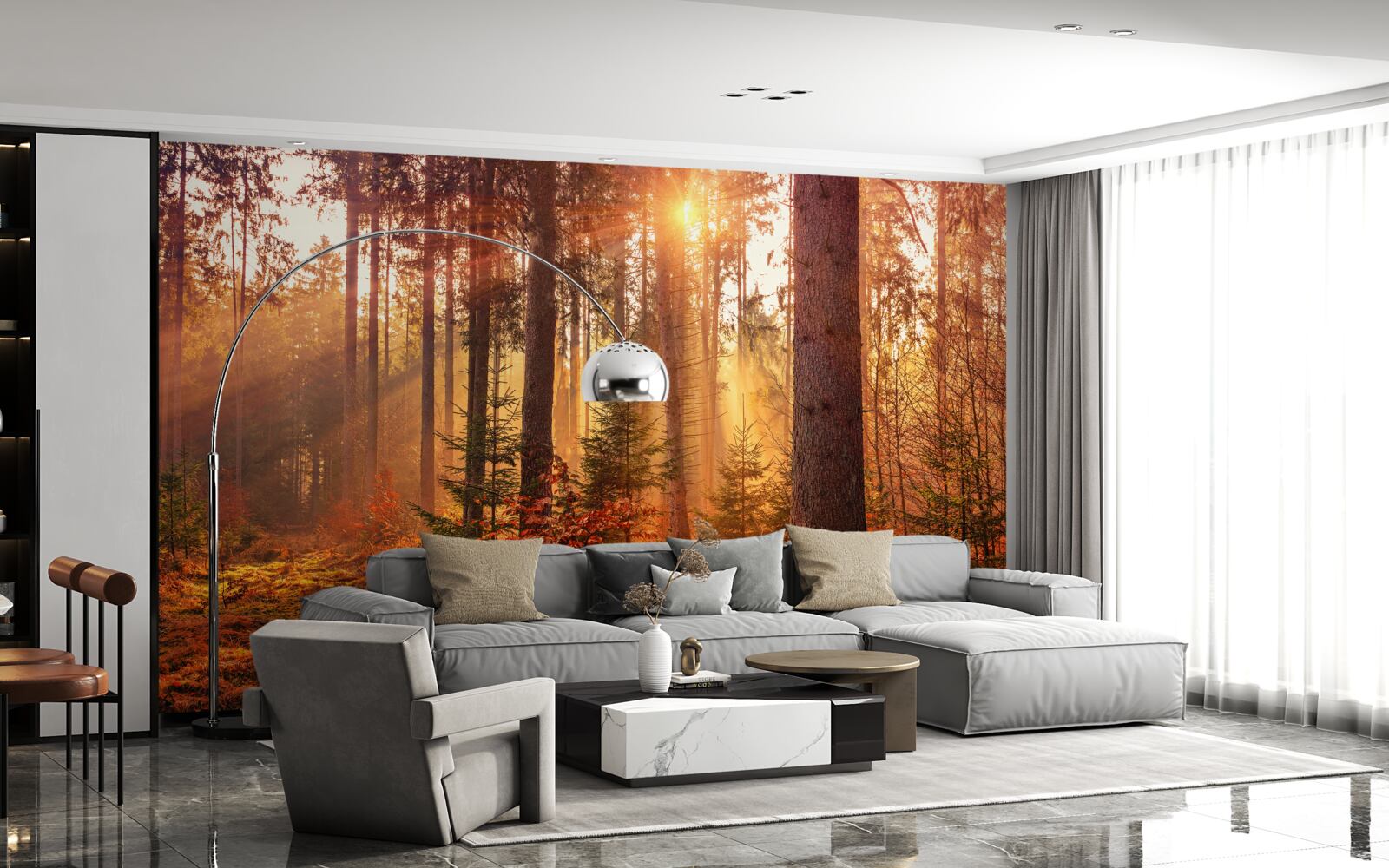 Fototapet pădure de toamnă luminată de razele soarelui