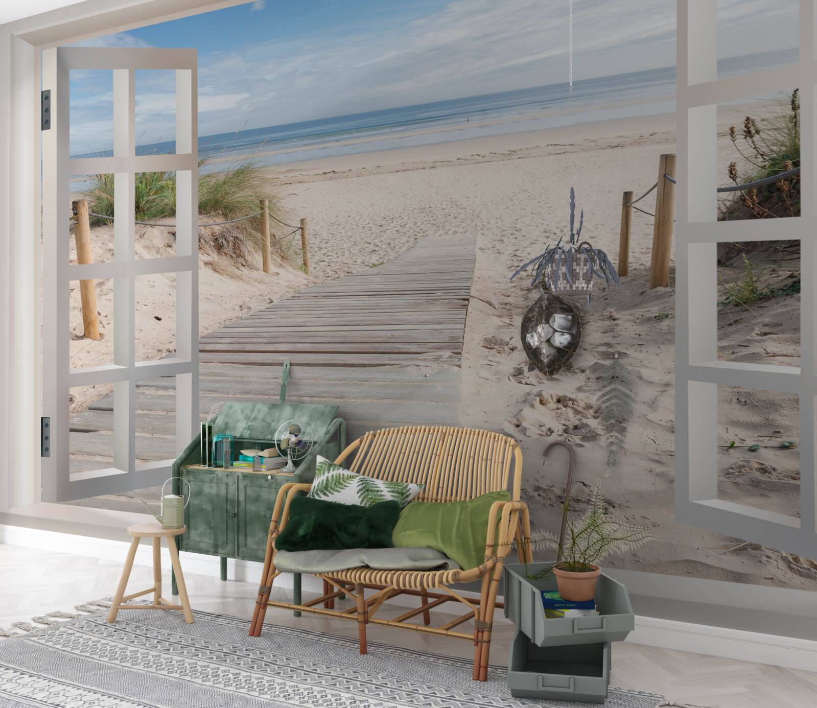 Fototapet fereastră deschisă cu vedere la plajă și ocean