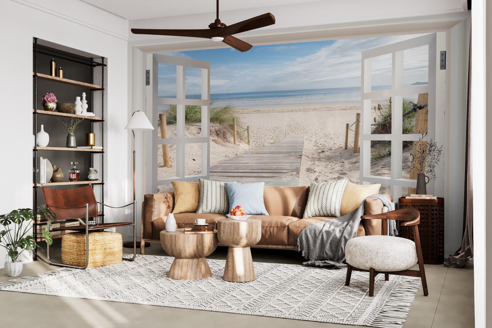 Fototapet fereastră deschisă cu vedere la plajă și ocean