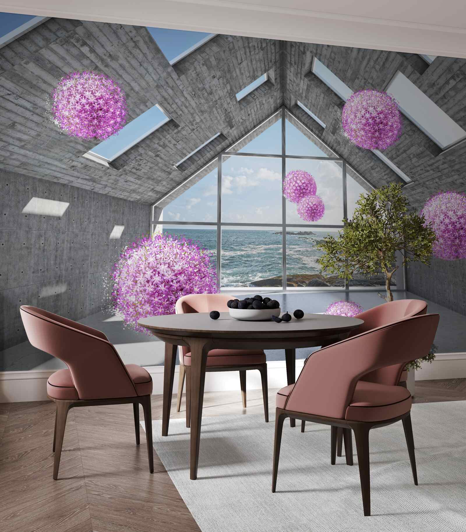 Fototapet bile purpurii și un peisaj pitoresc în afara ferestrei