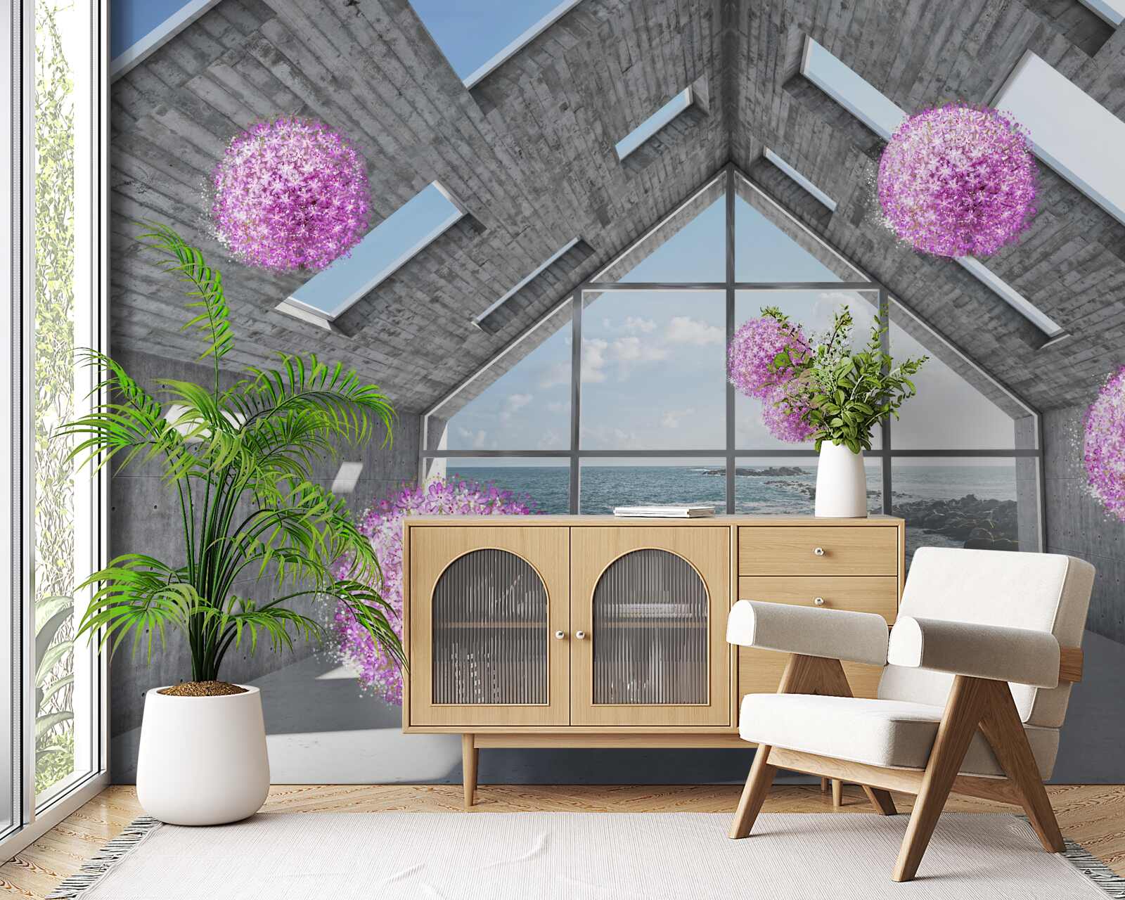 Fototapet bile purpurii și un peisaj pitoresc în afara ferestrei