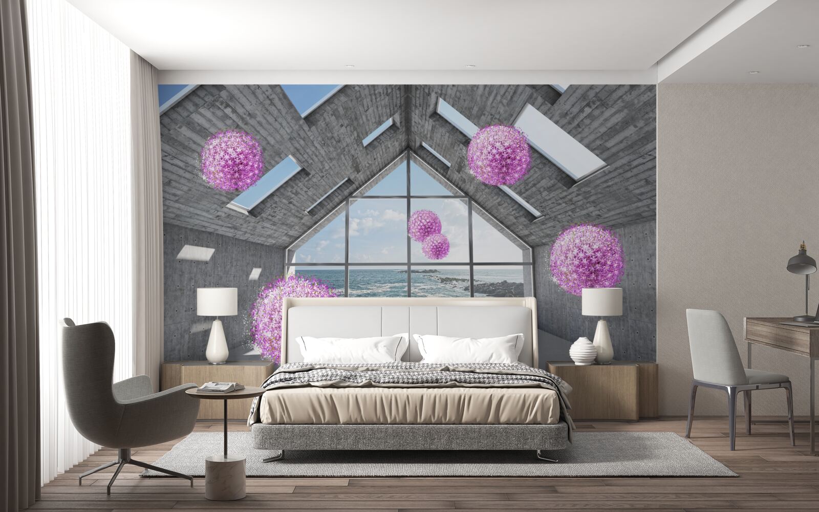 Fototapet bile purpurii și un peisaj pitoresc în afara ferestrei