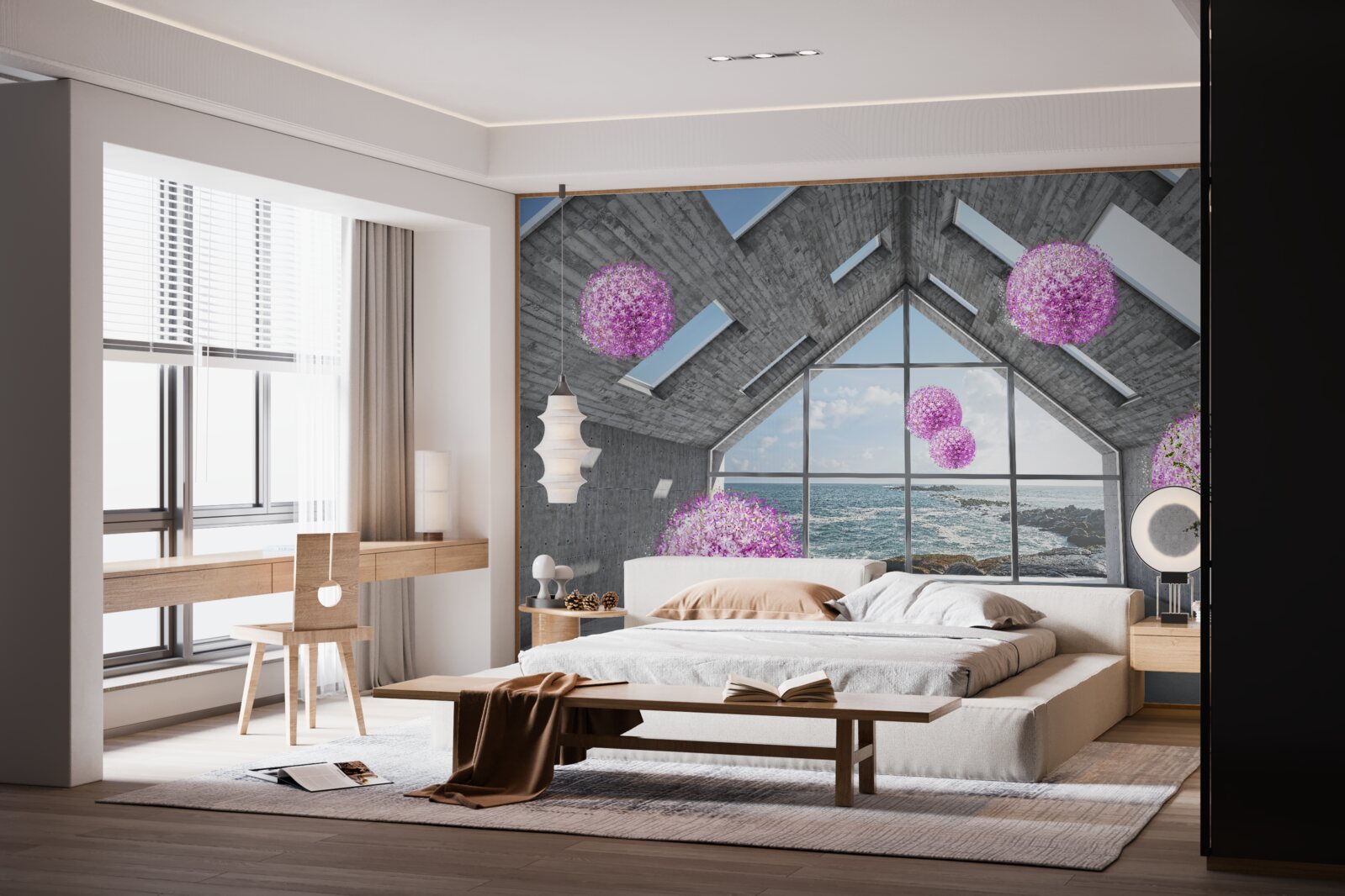 Fototapet bile purpurii și un peisaj pitoresc în afara ferestrei