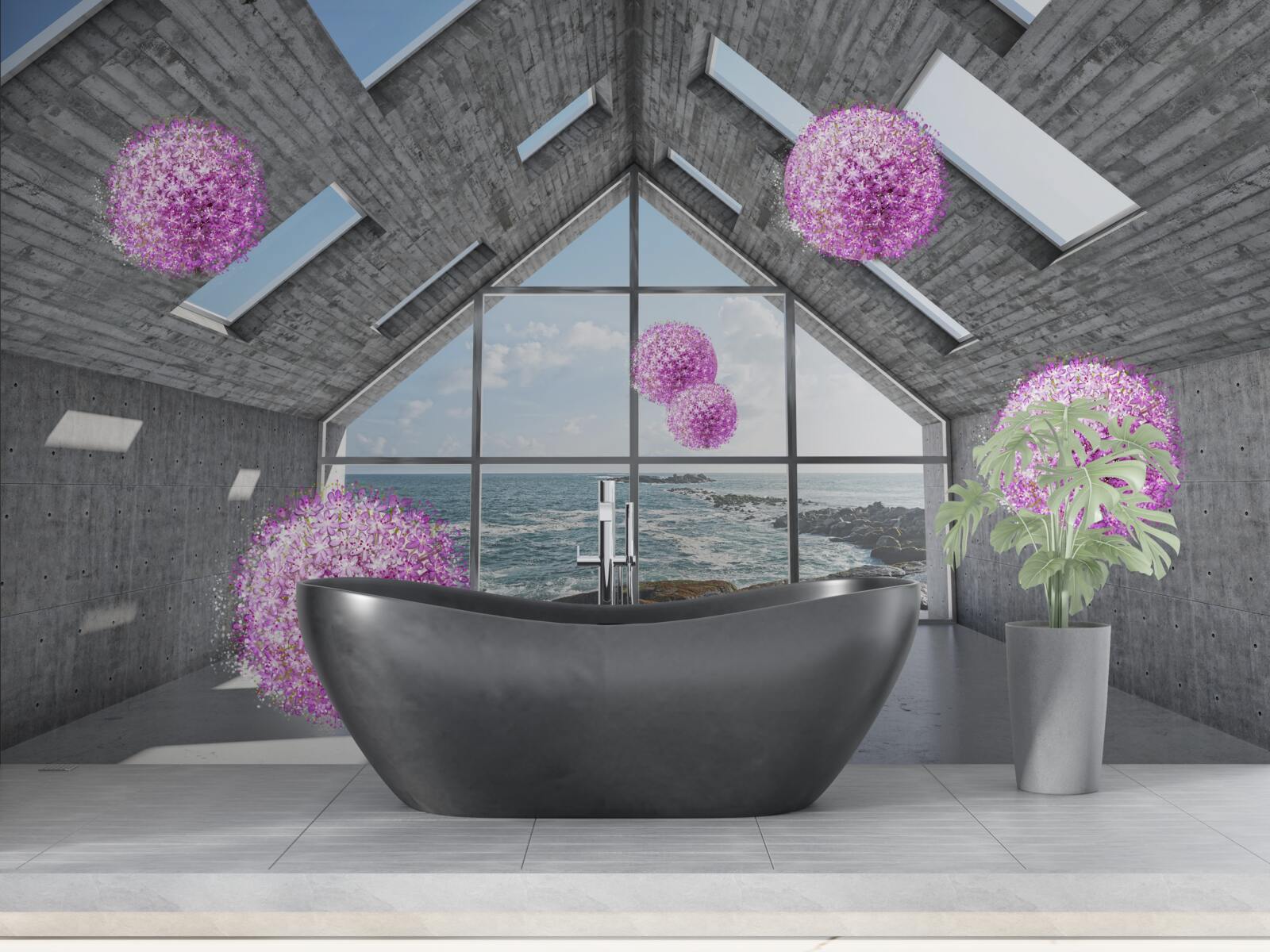 Fototapet bile purpurii și un peisaj pitoresc în afara ferestrei