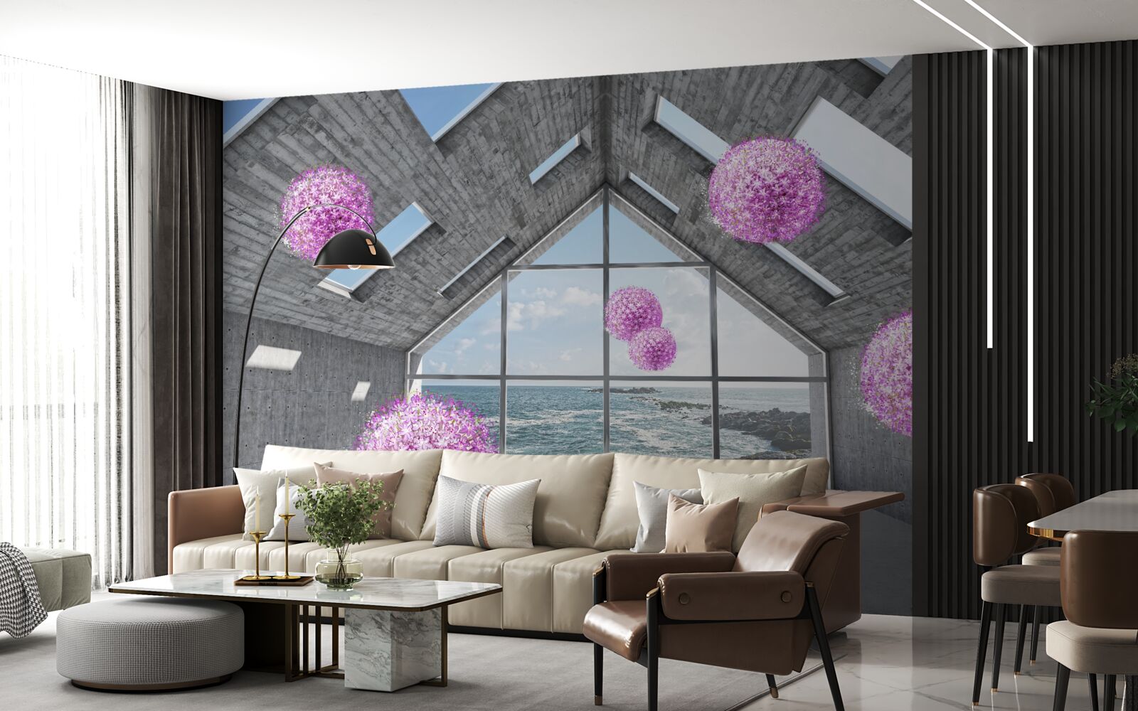 Fototapet bile purpurii și un peisaj pitoresc în afara ferestrei