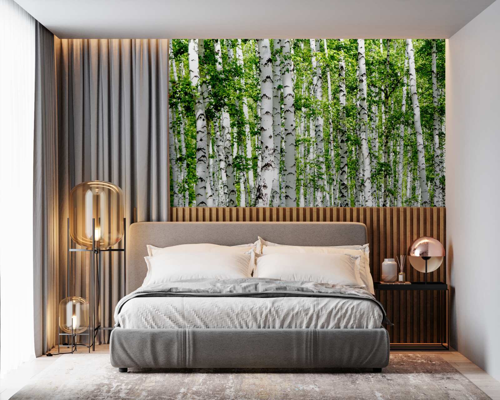 Fototapet mesteceni grațioși cu frunze verzi