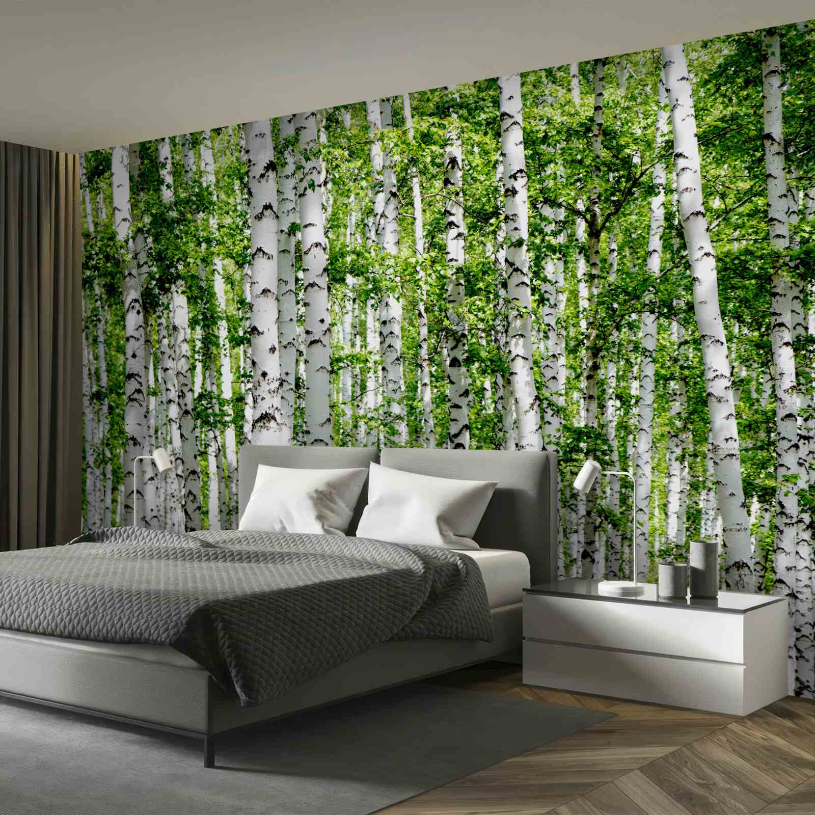 Fototapet mesteceni grațioși cu frunze verzi