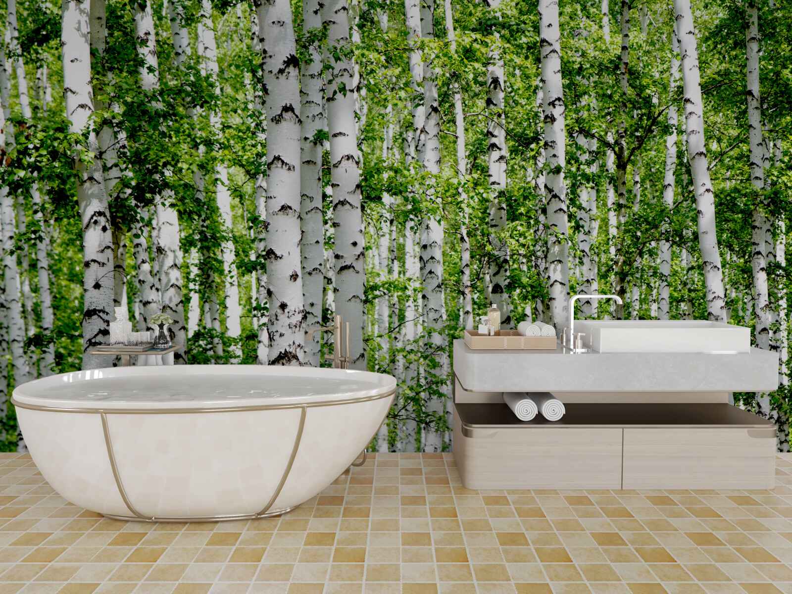 Fototapet mesteceni grațioși cu frunze verzi