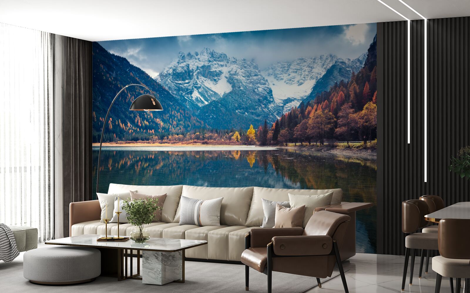 Fototapet vârfuri maiestuoase și râu curgător