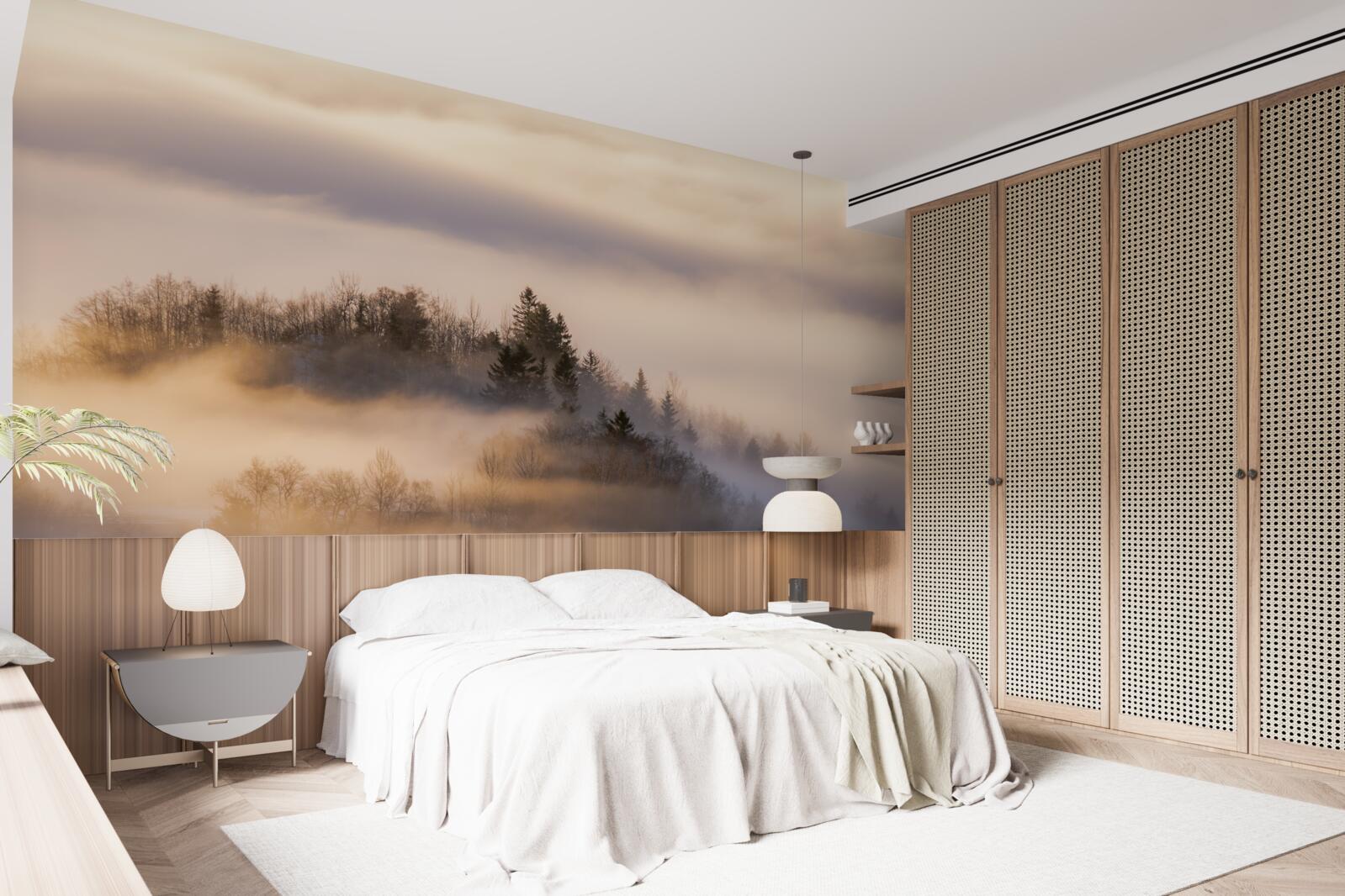 Fototapet ceață densă printre copaci