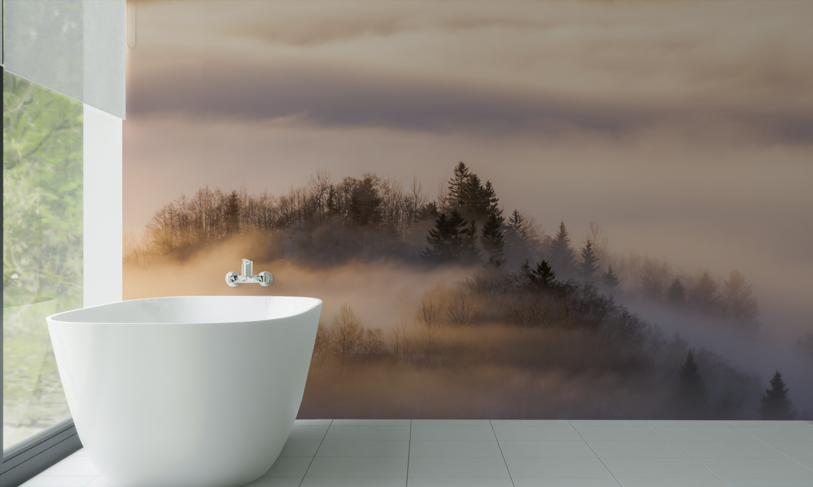 Fototapet ceață densă printre copaci