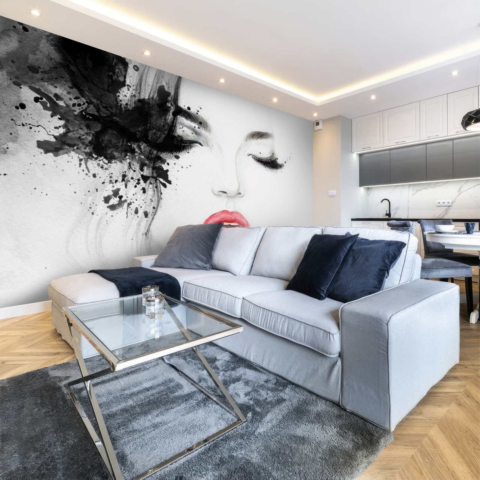 Fototapet imaginea unei fete cu ochii închiși și buze roșii strălucitoare