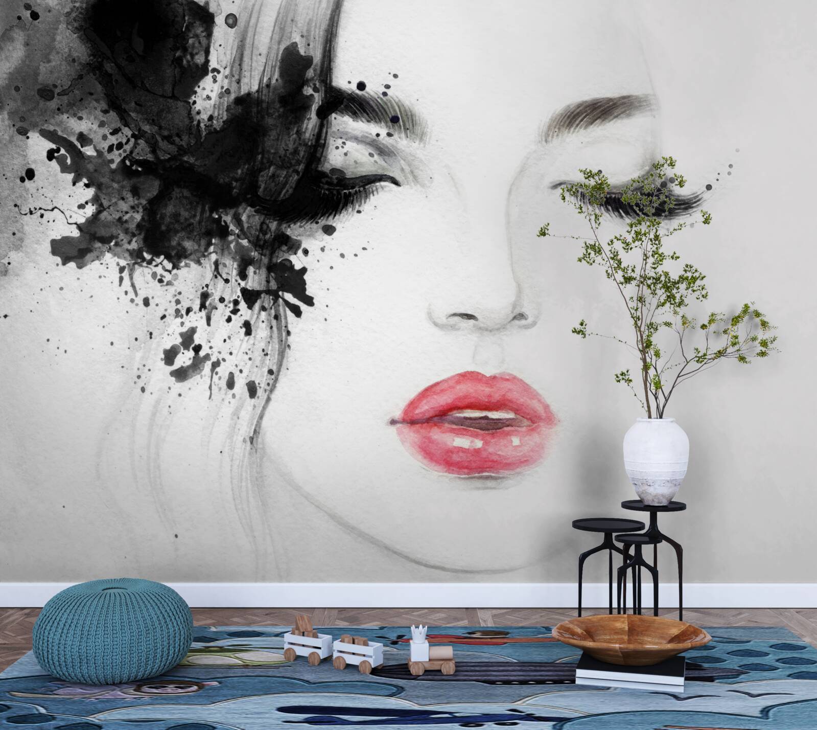 Fototapet imaginea unei fete cu ochii închiși și buze roșii strălucitoare