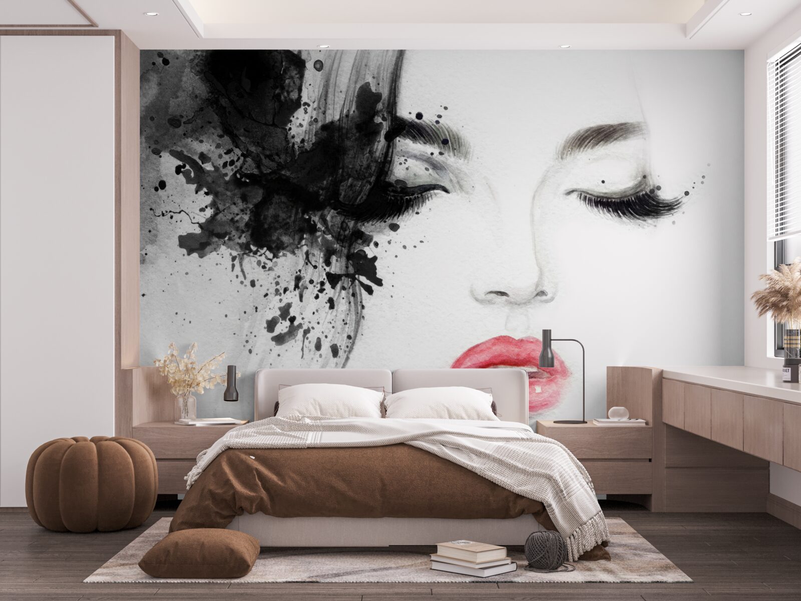 Fototapet imaginea unei fete cu ochii închiși și buze roșii strălucitoare