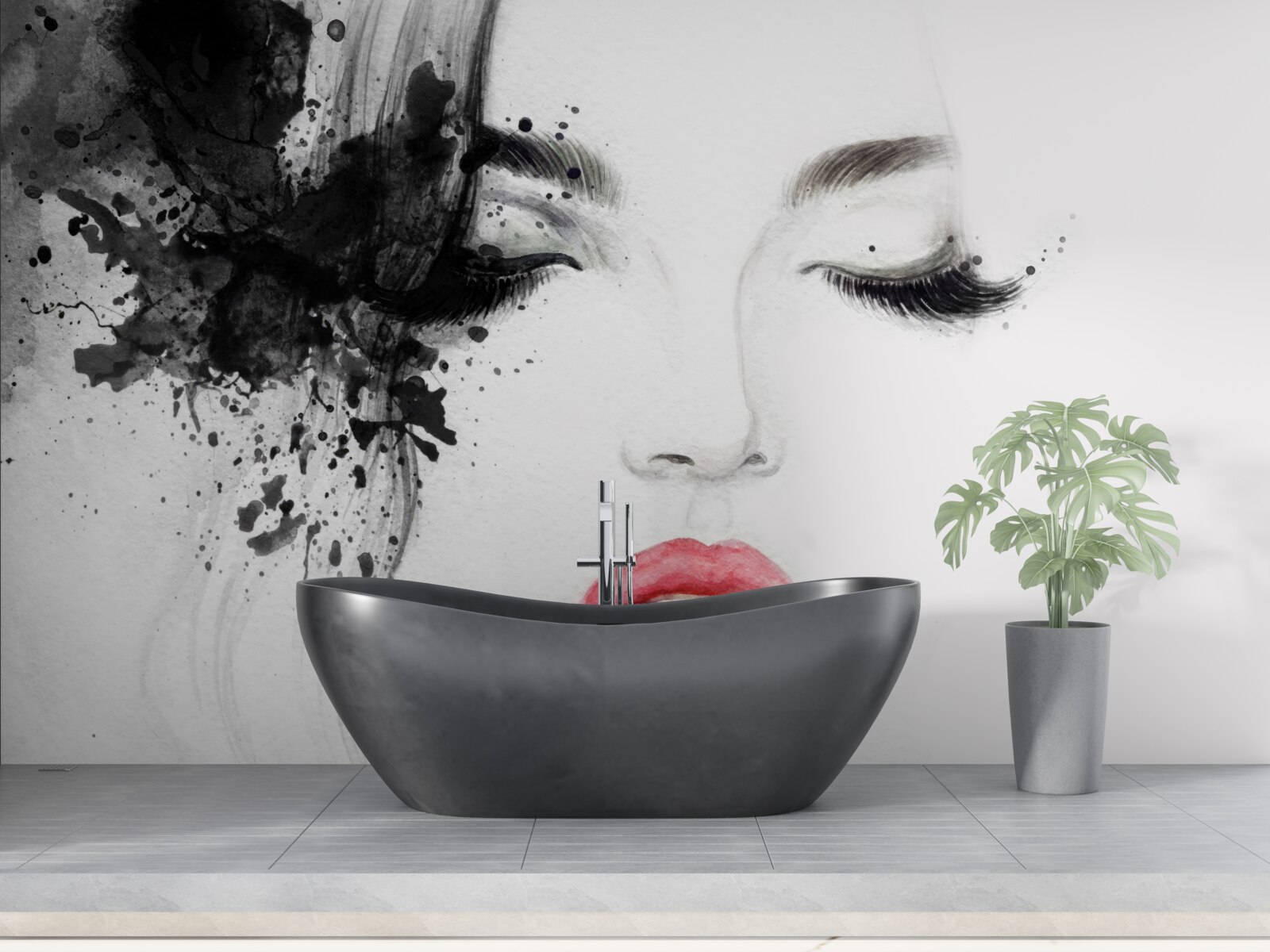 Fototapet imaginea unei fete cu ochii închiși și buze roșii strălucitoare