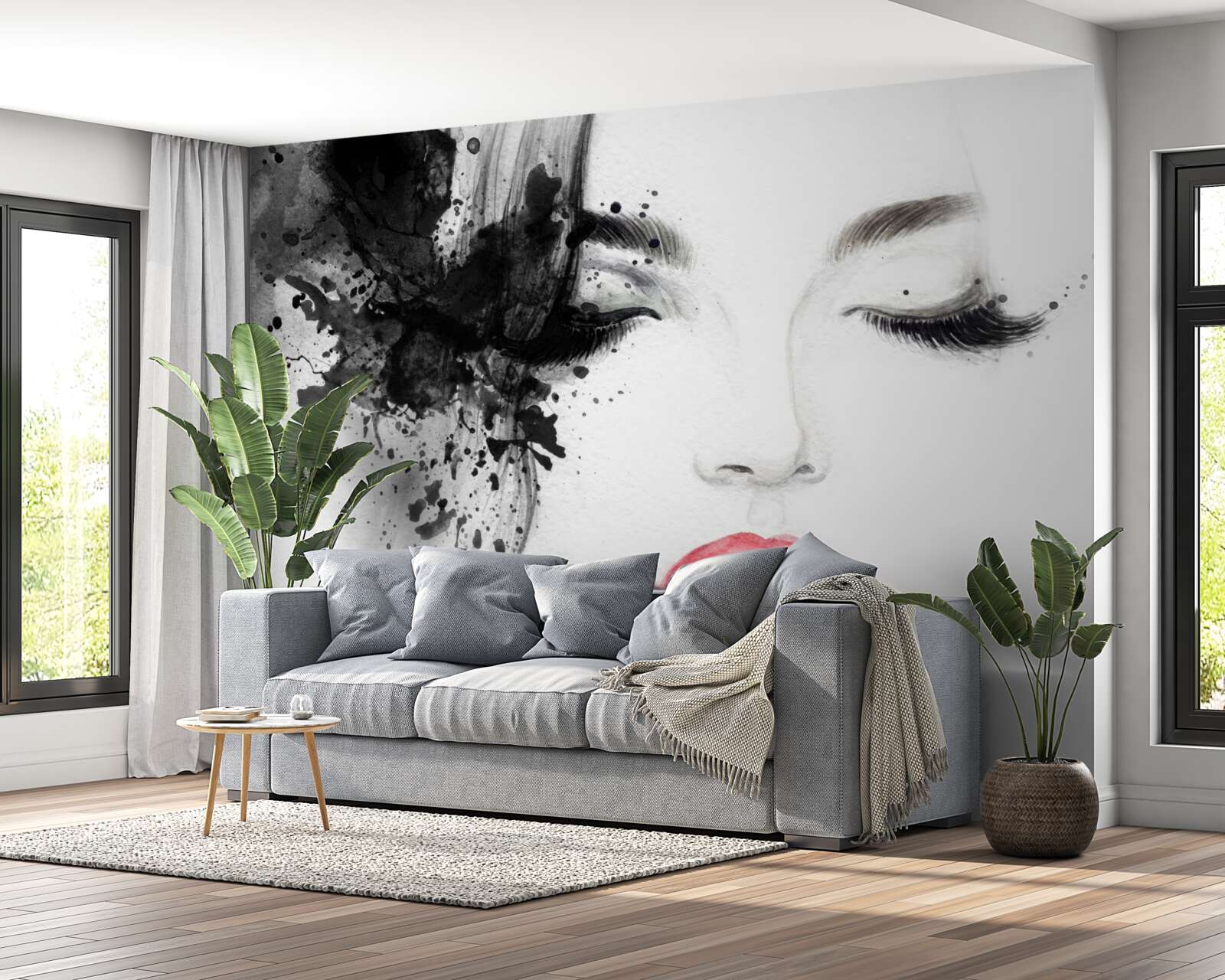 Fototapet imaginea unei fete cu ochii închiși și buze roșii strălucitoare