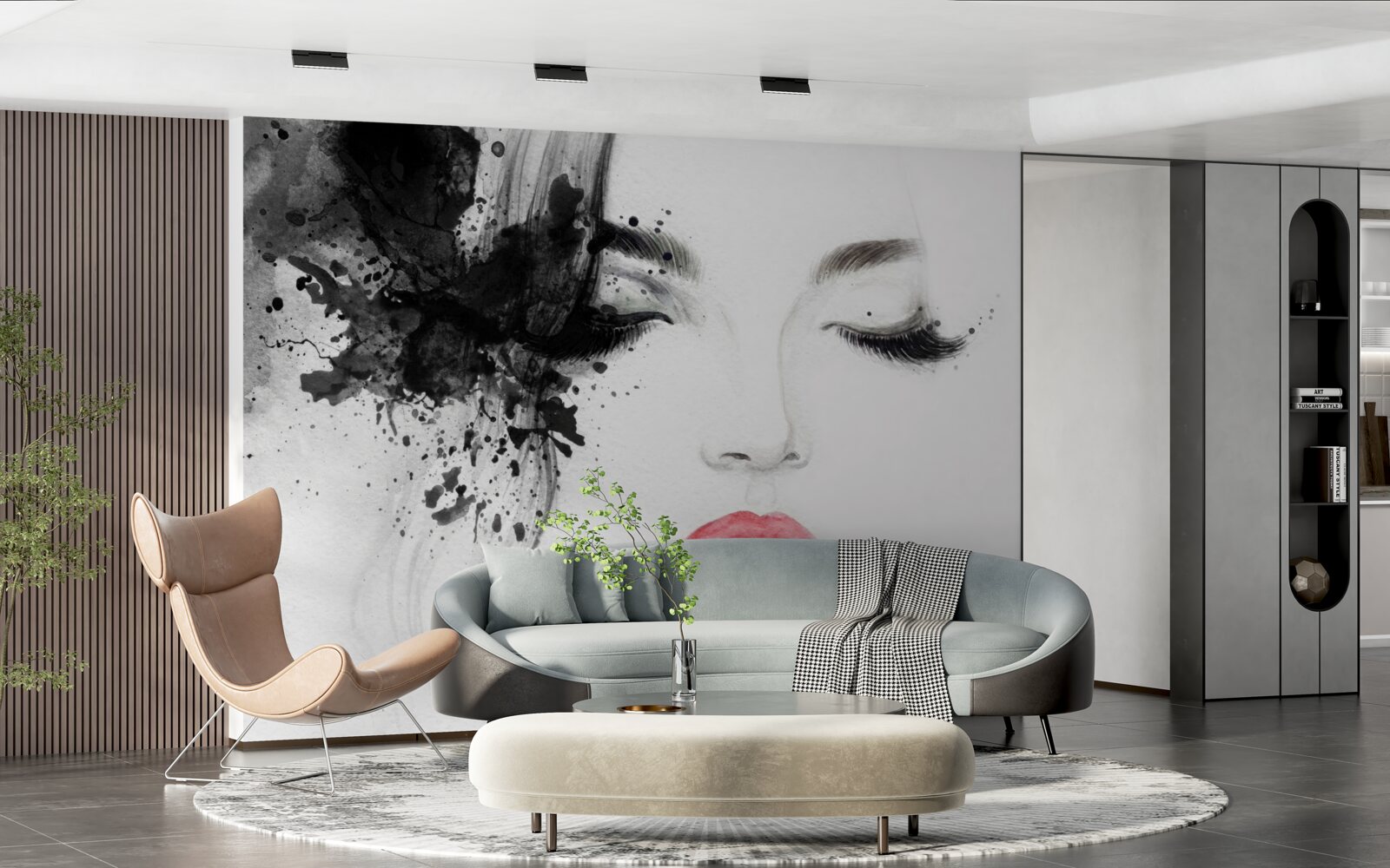 Fototapet imaginea unei fete cu ochii închiși și buze roșii strălucitoare