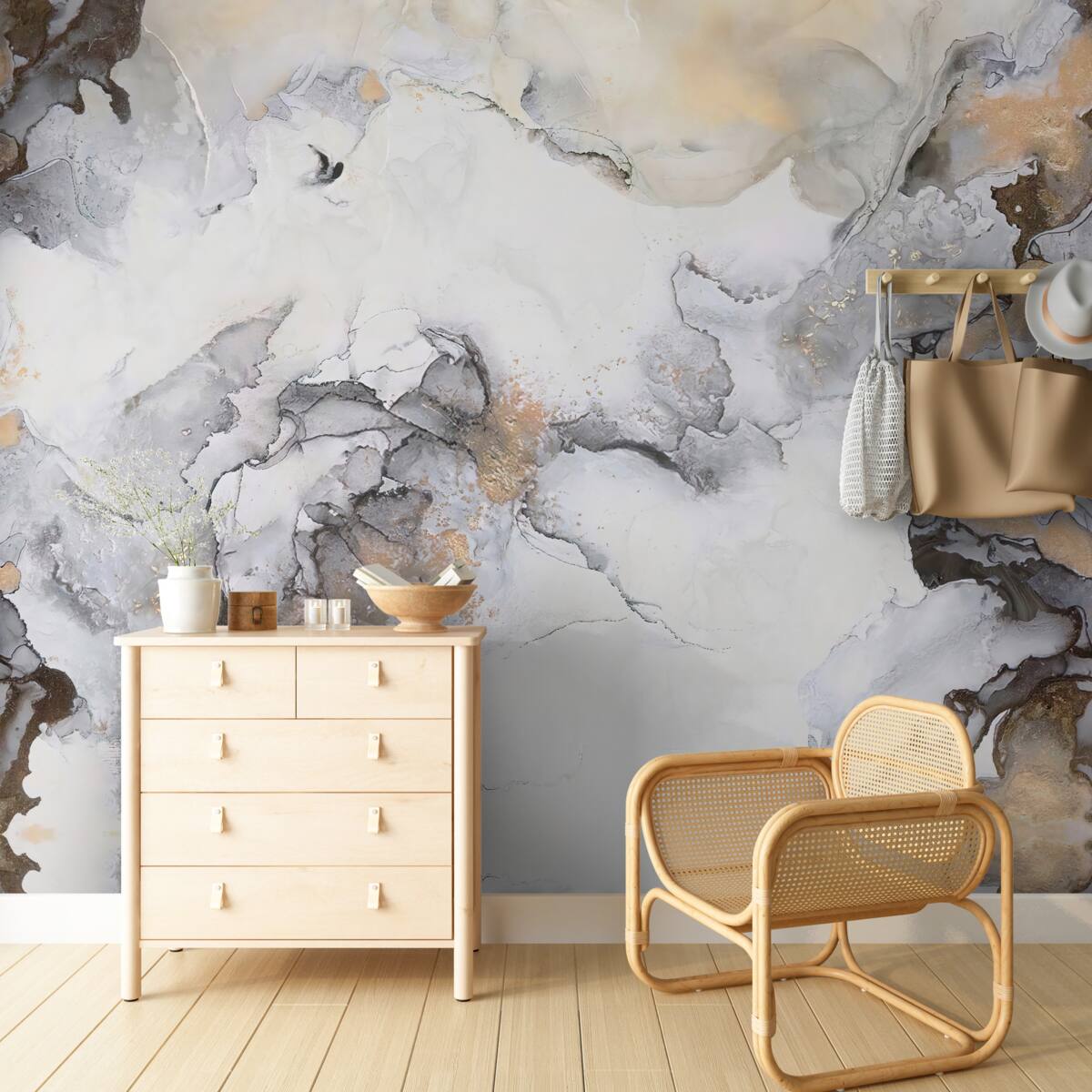 Fototapet abstract în nuanțe de alb, gri și auriu