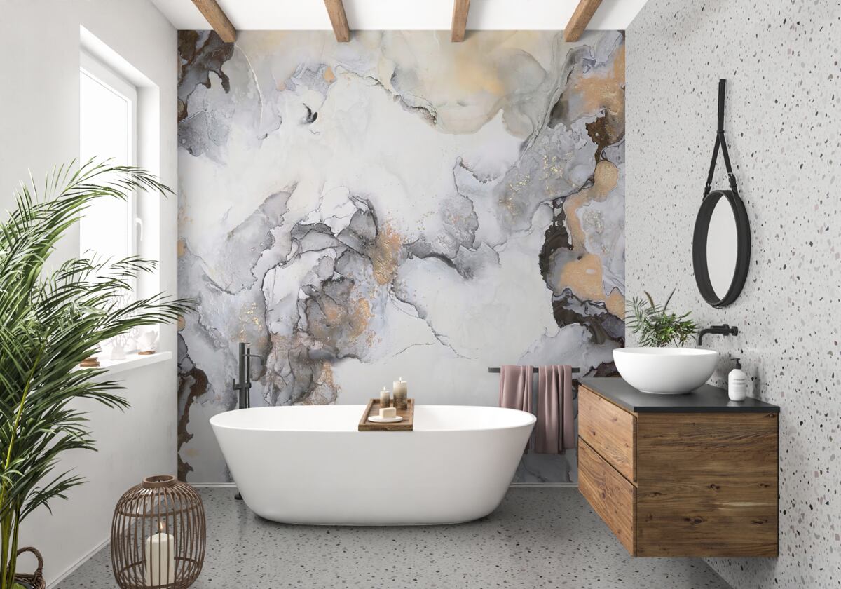 Fototapet abstract în nuanțe de alb, gri și auriu