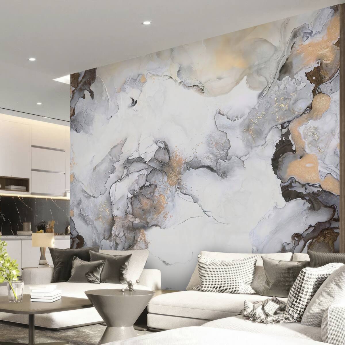 Fototapet abstract în nuanțe de alb, gri și auriu