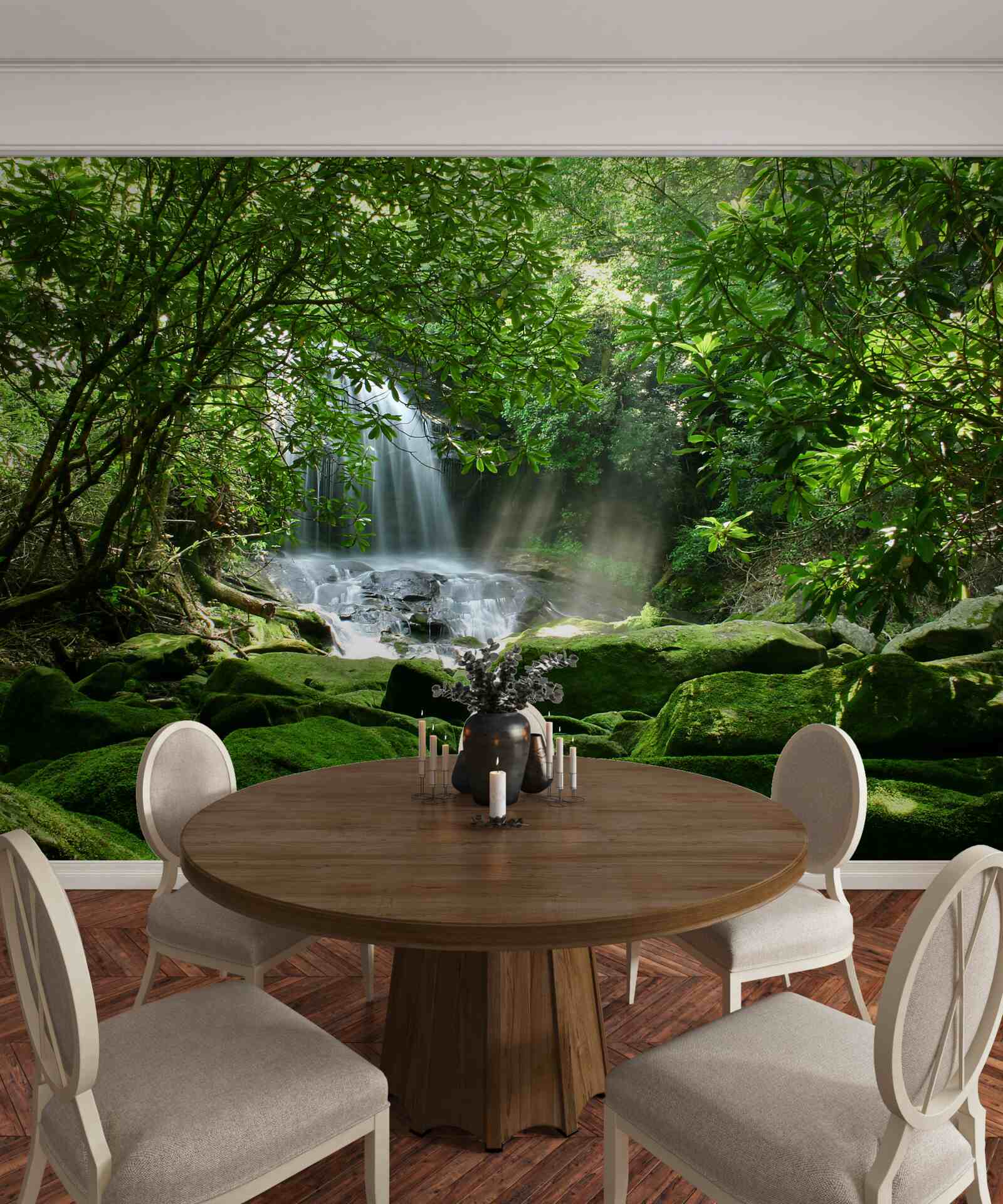 Fototapet cascadă înconjurată de verdeață luxuriantă și copaci