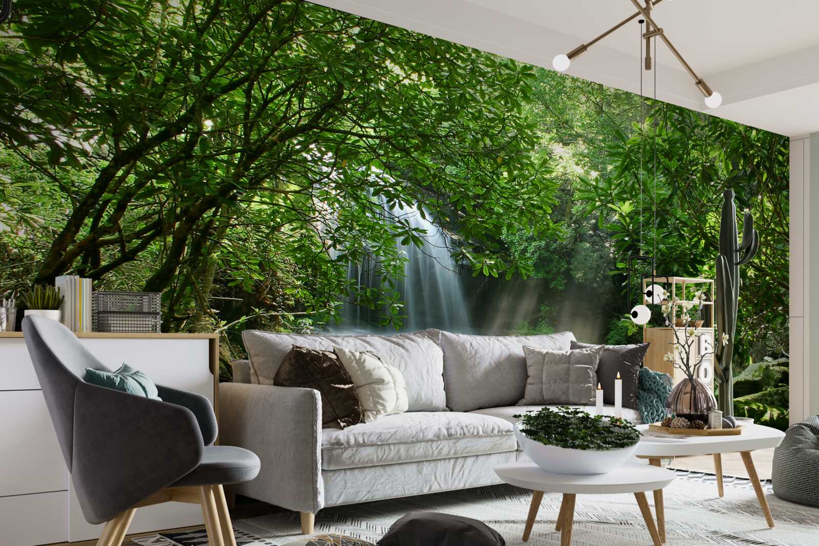 Fototapet cascadă înconjurată de verdeață luxuriantă și copaci