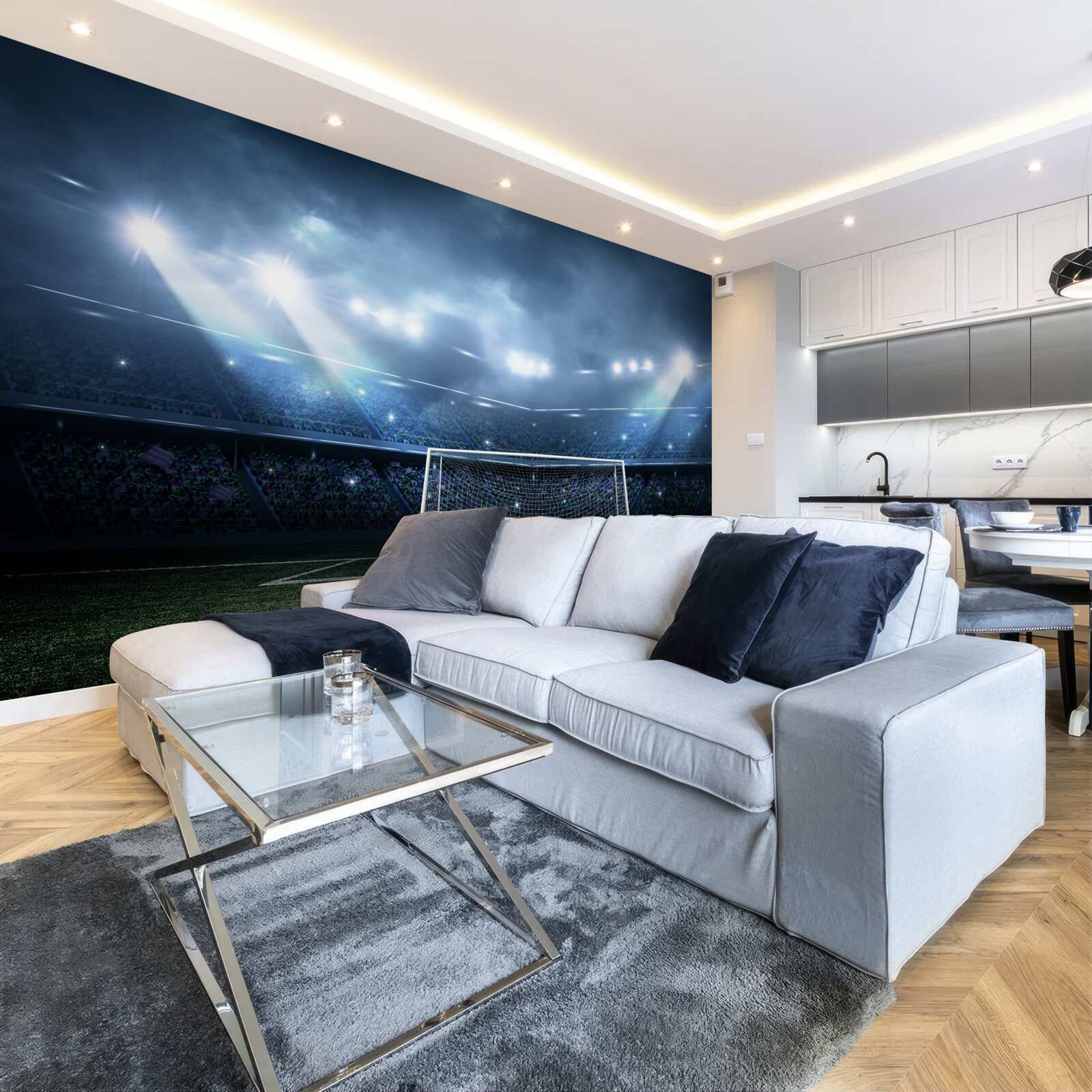 Fototapet teren de fotbal luminat de proiectoare