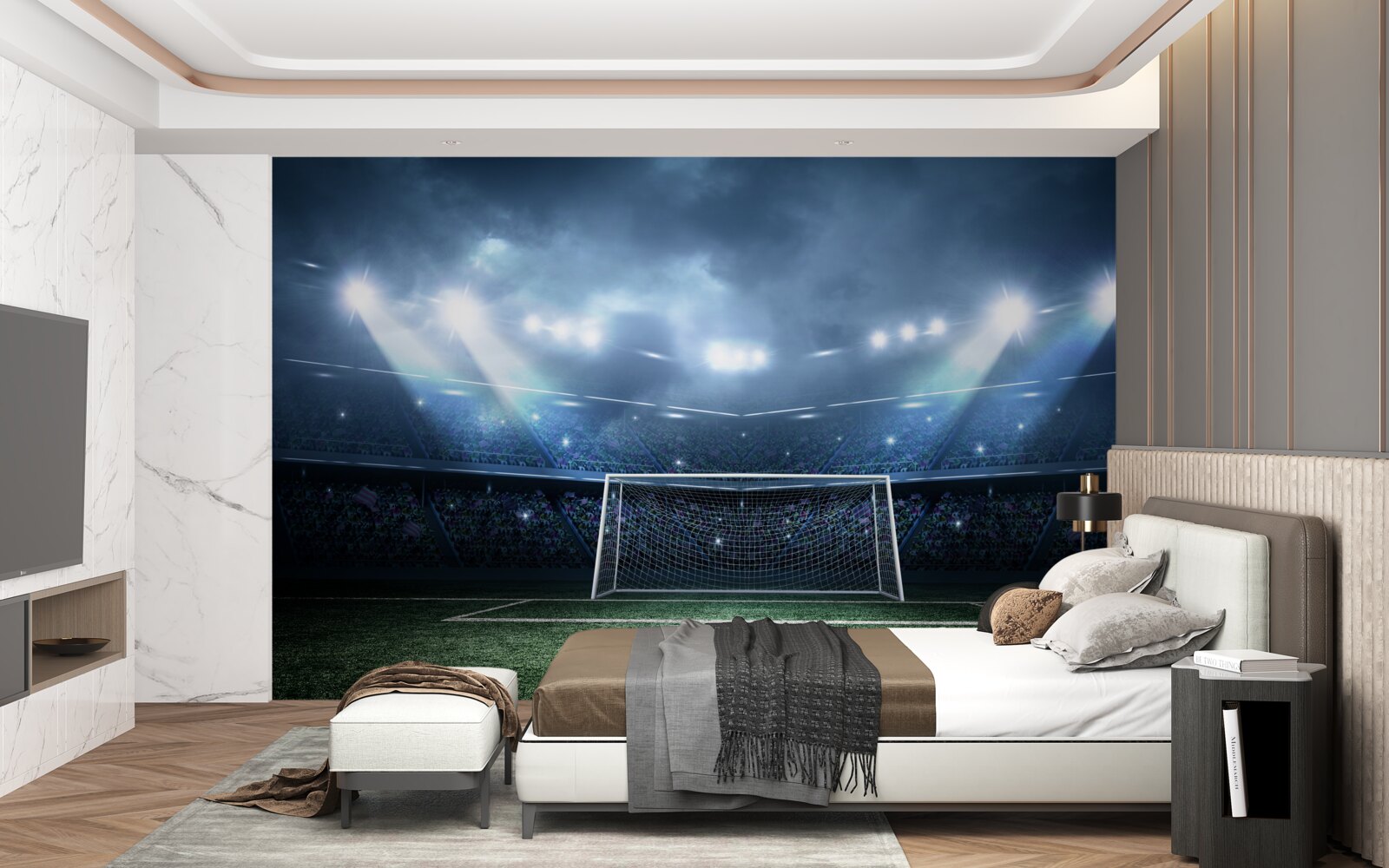 Fototapet teren de fotbal luminat de proiectoare