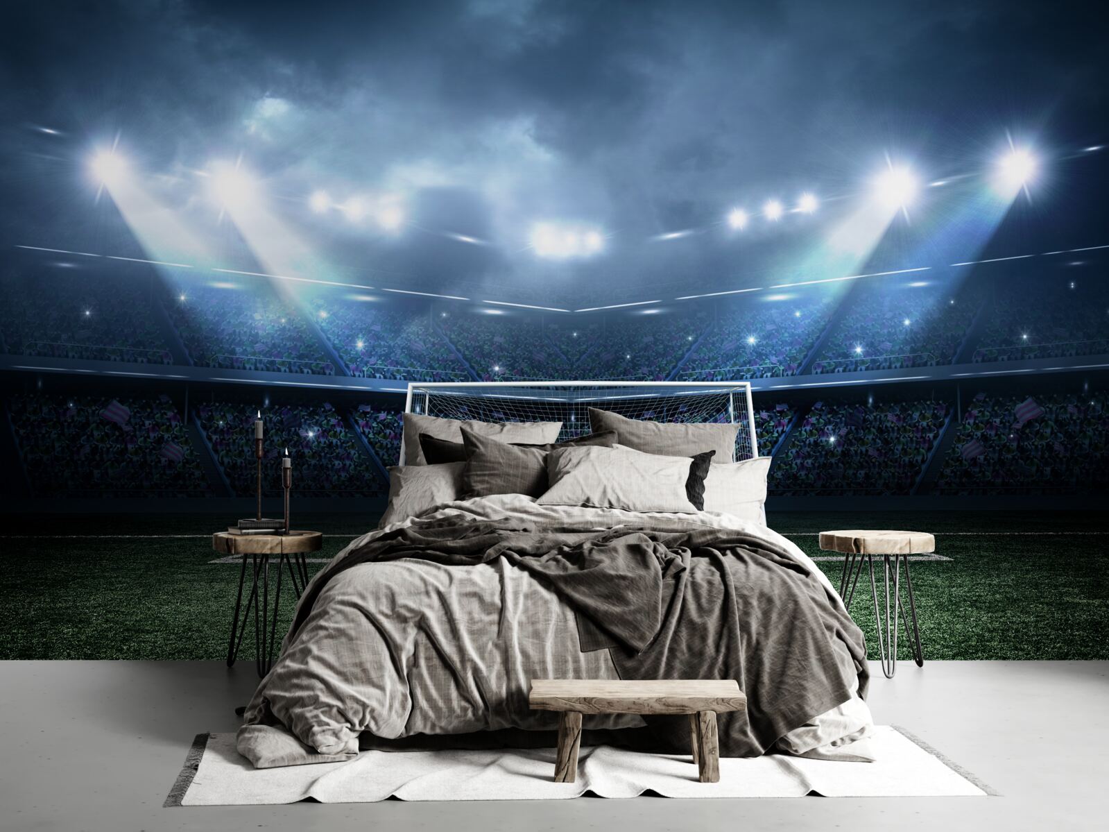 Fototapet teren de fotbal luminat de proiectoare