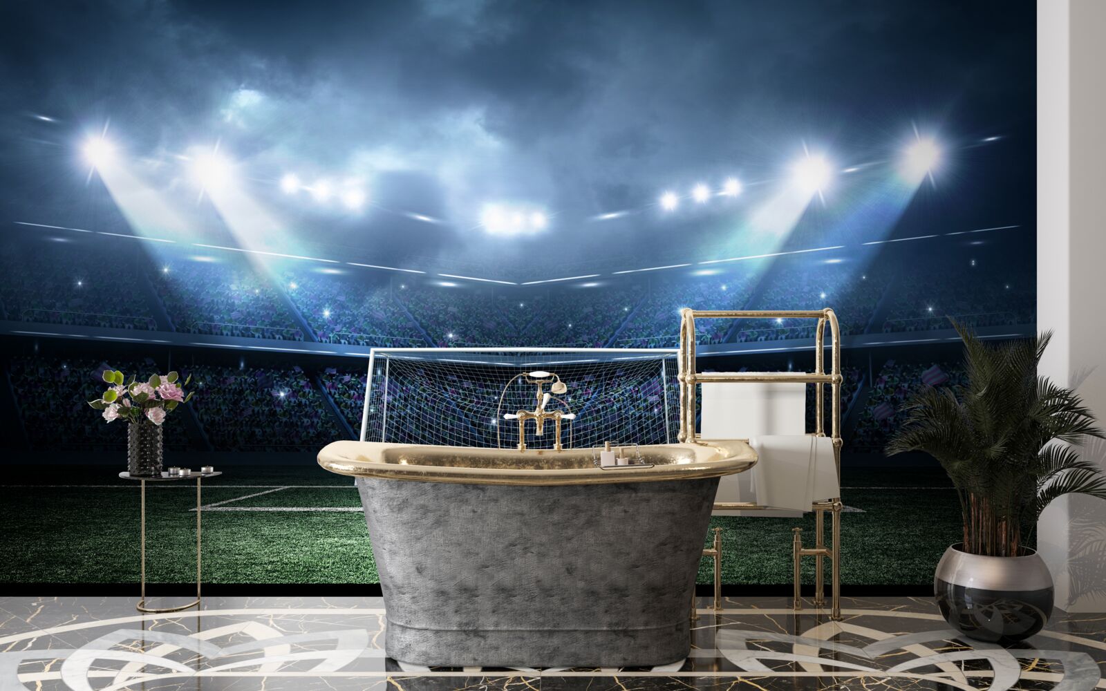 Fototapet teren de fotbal luminat de proiectoare