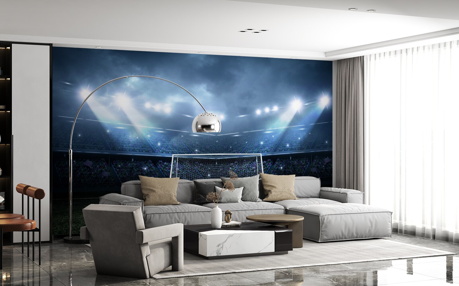 Fototapet teren de fotbal luminat de proiectoare