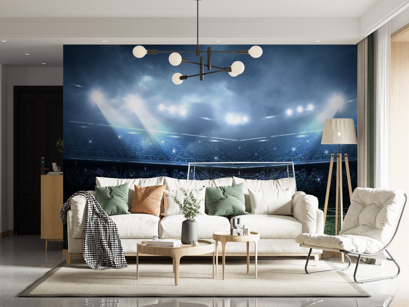 Fototapet teren de fotbal luminat de proiectoare