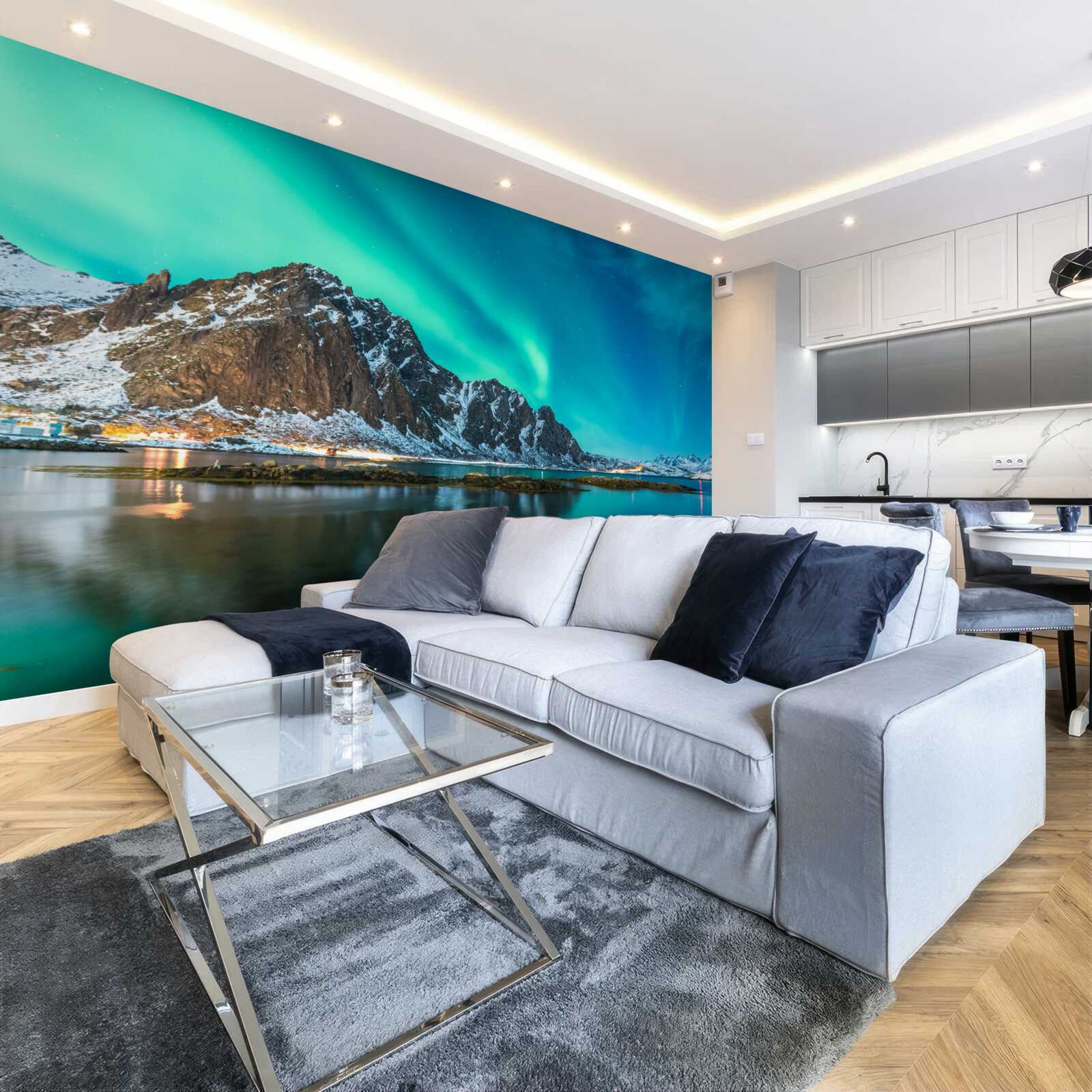 Fototapet aurora boreală deasupra vârfului