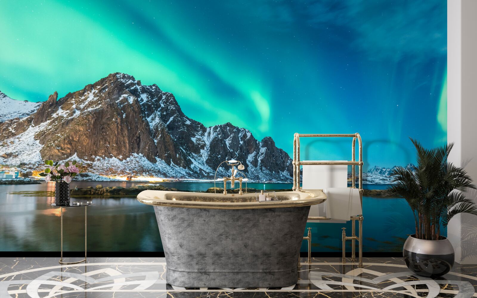 Fototapet aurora boreală deasupra vârfului