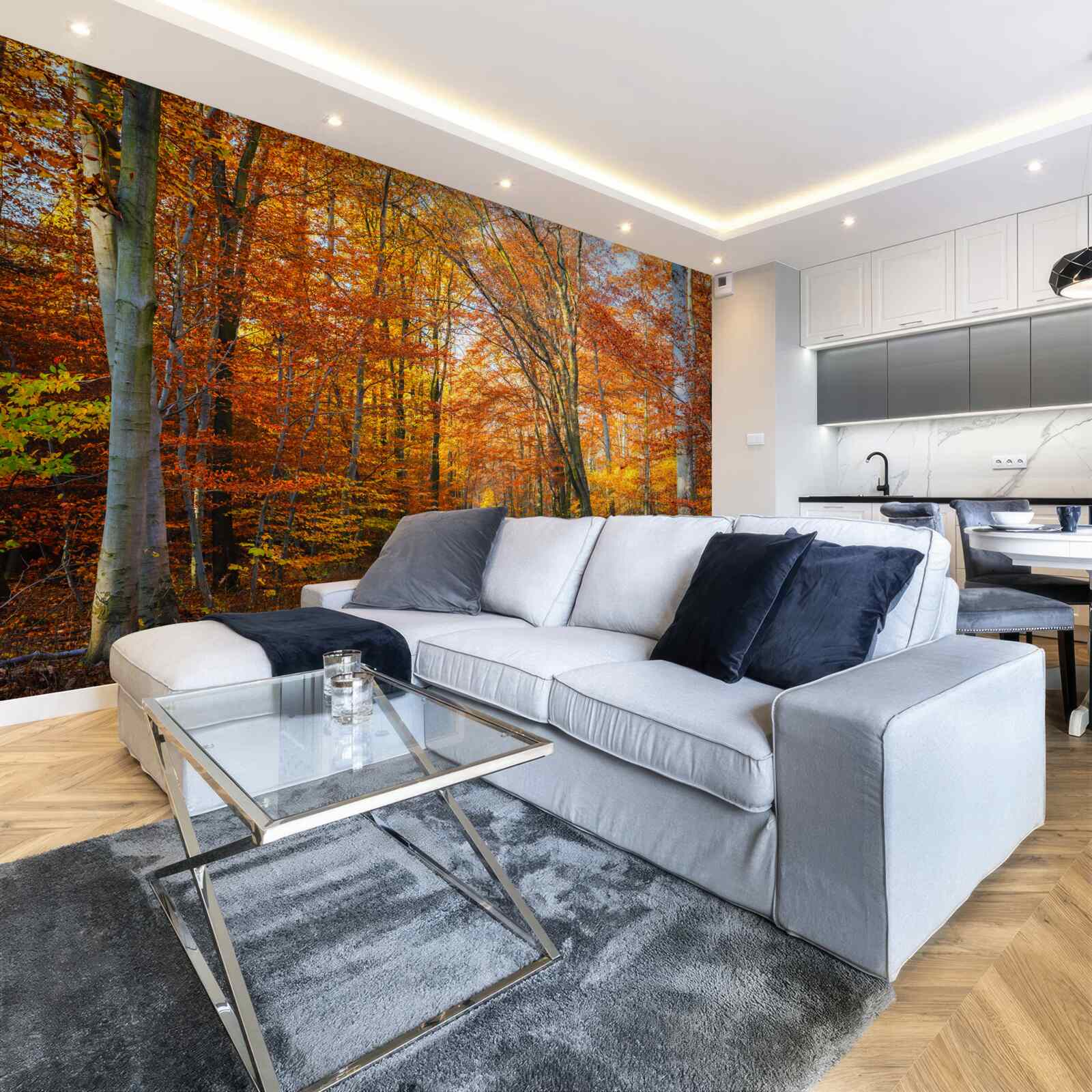 Fototapet copaci cu frunze care cad toamna