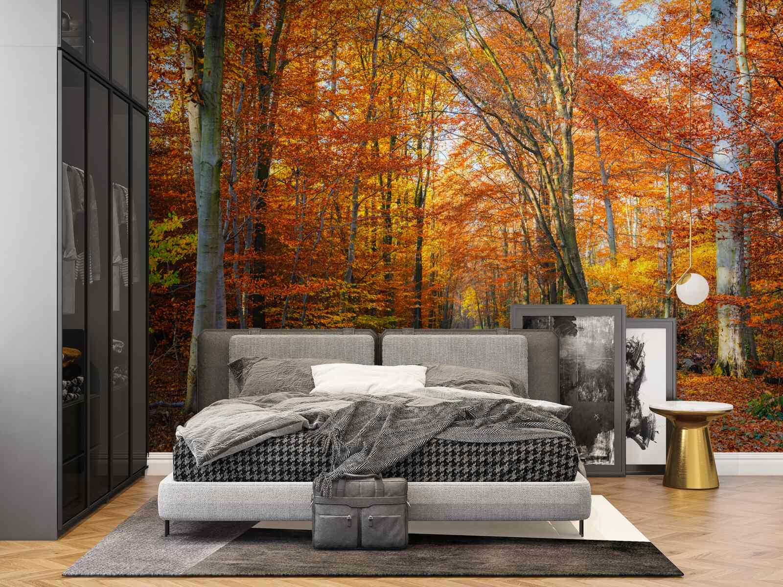 Fototapet copaci cu frunze care cad toamna