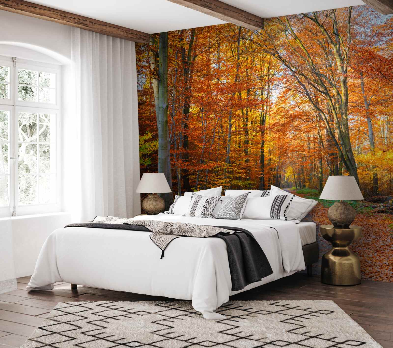 Fototapet copaci cu frunze care cad toamna