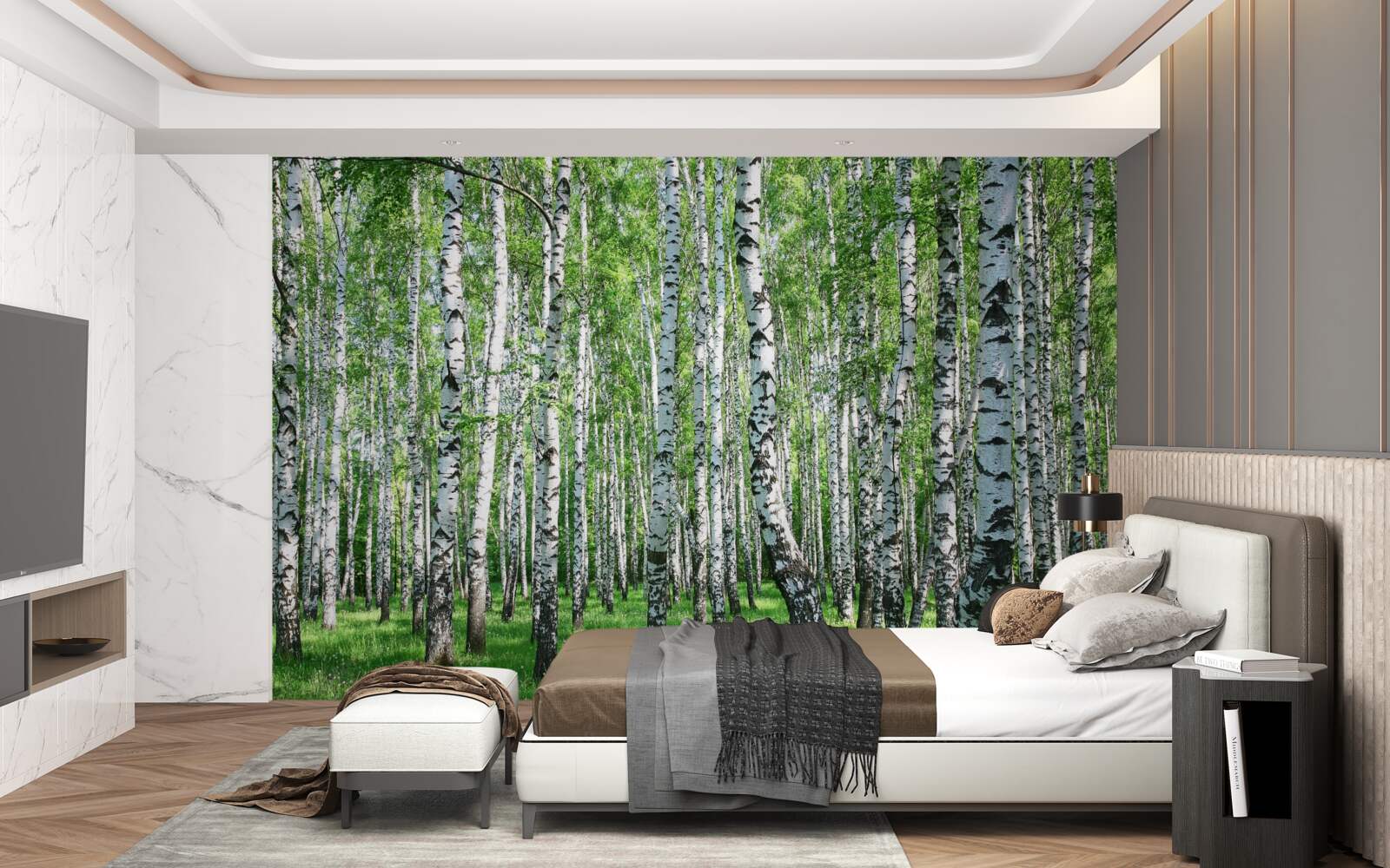 Fototapet există o mulțime de mesteceni în pădure