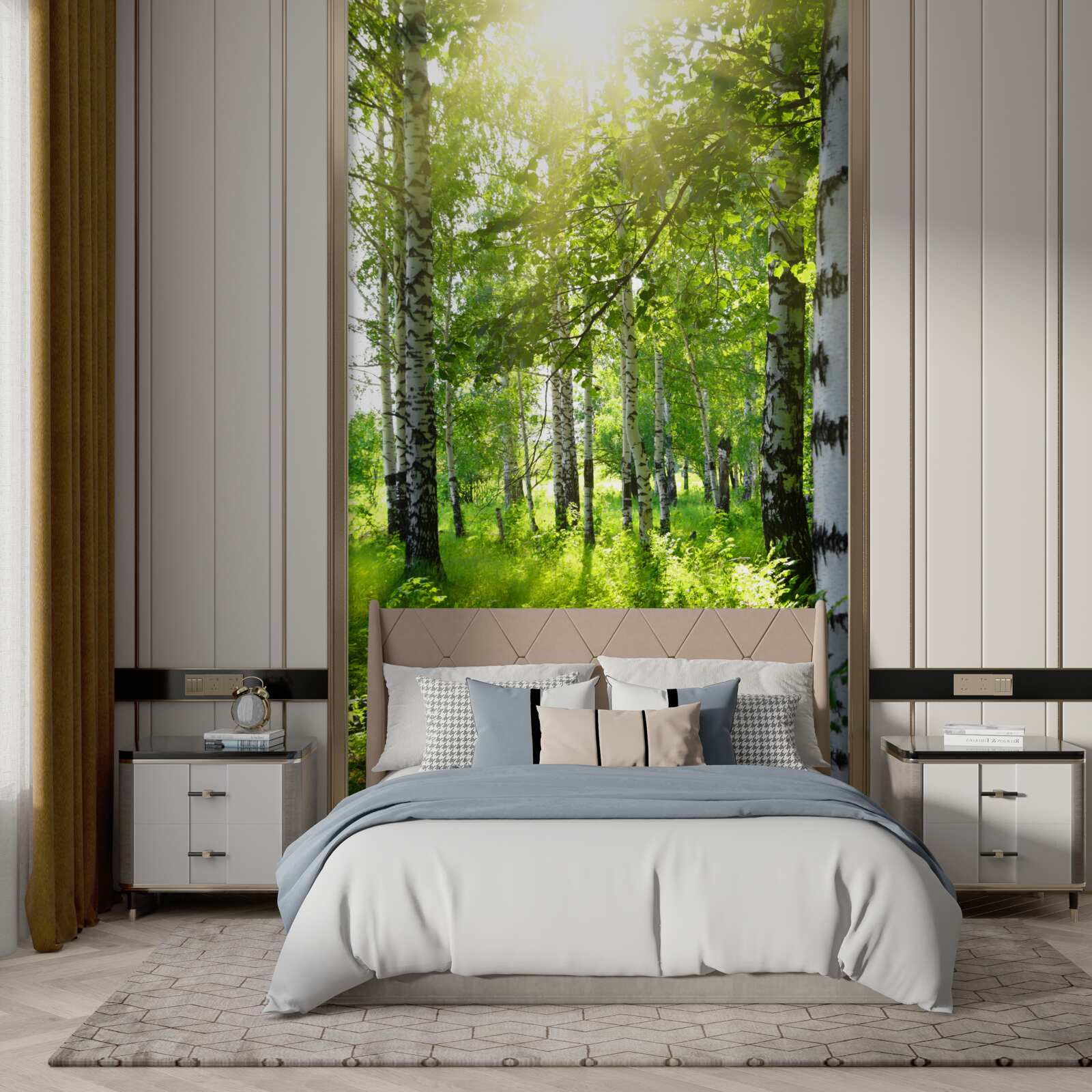 Fototapet soare într-o livadă de mesteceni