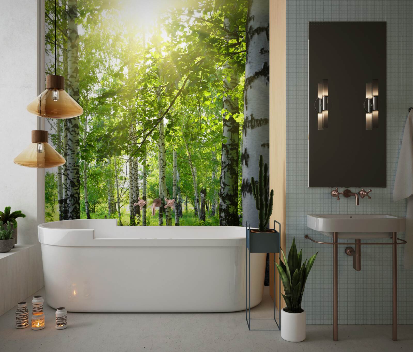 Fototapet soare într-o livadă de mesteceni