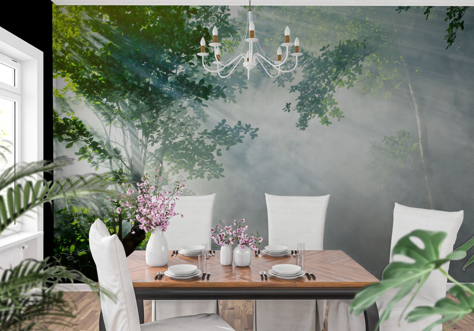 Fototapet razele soarelui de dimineață pătrund în pădure