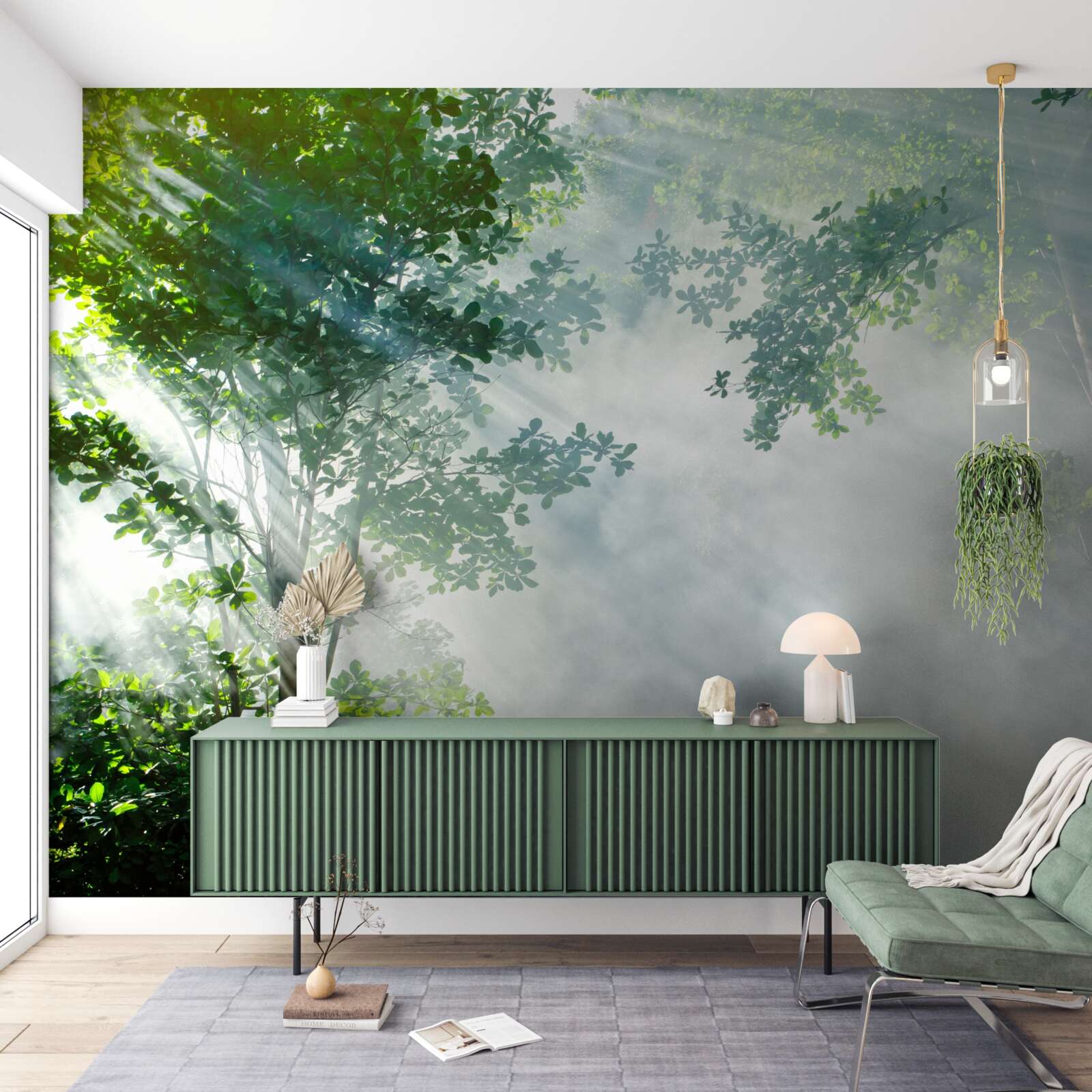 Fototapet razele soarelui de dimineață pătrund în pădure