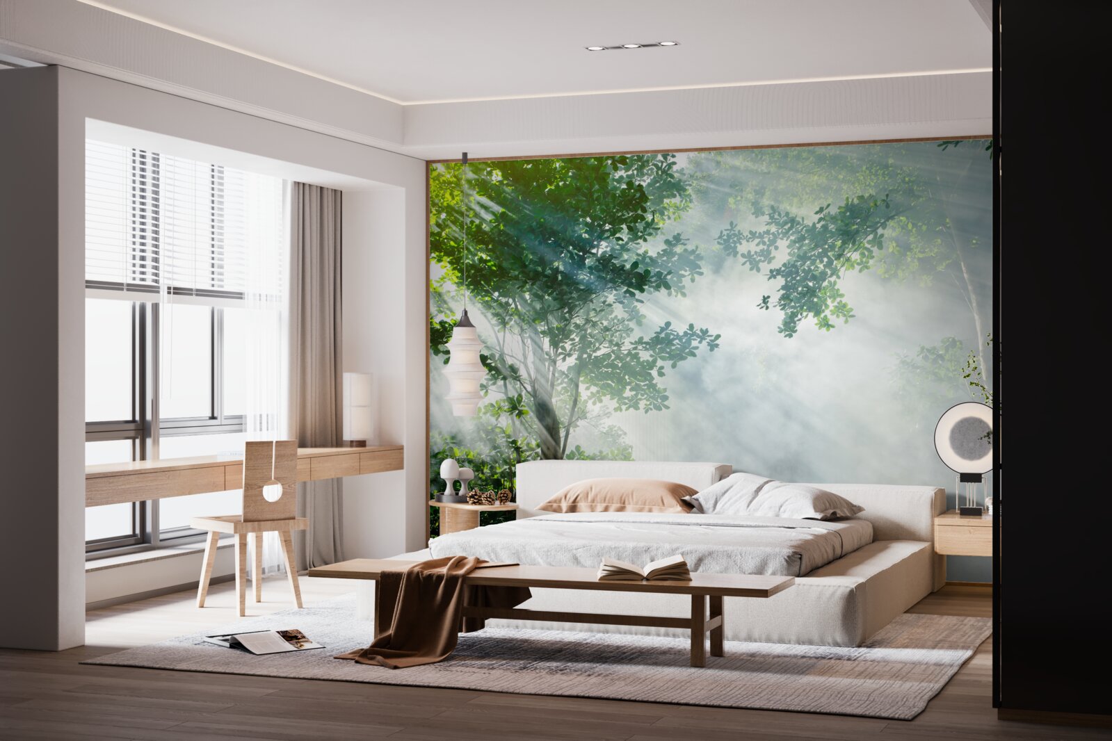 Fototapet razele soarelui de dimineață pătrund în pădure