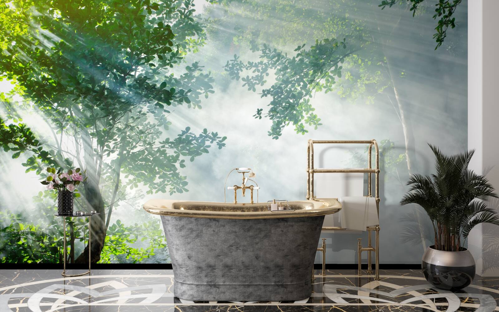 Fototapet razele soarelui de dimineață pătrund în pădure