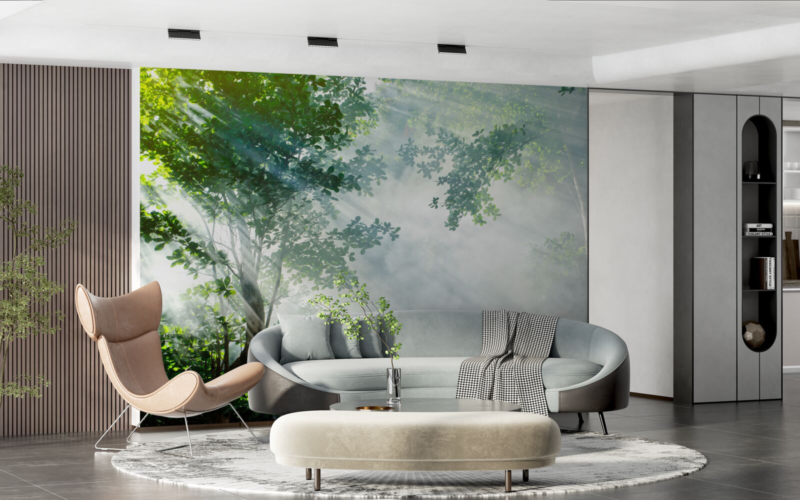 Fototapet razele soarelui de dimineață pătrund în pădure