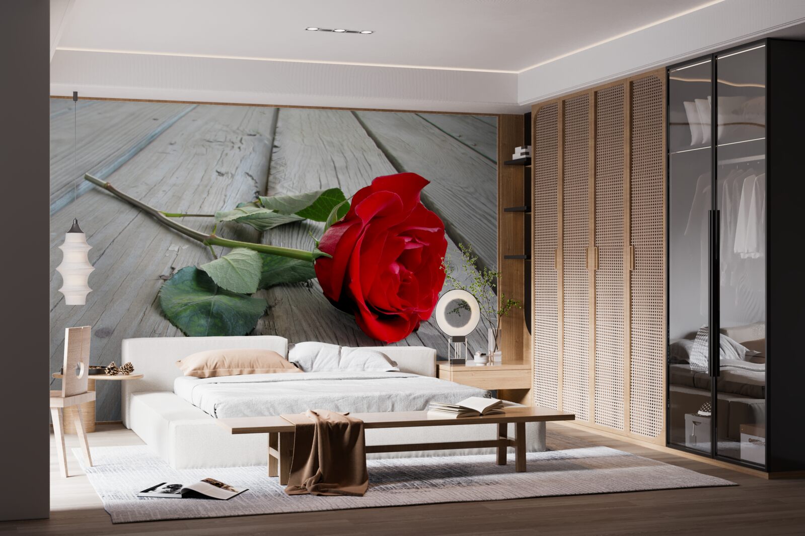 Fototapet floare stacojie pe o suprafață de lemn