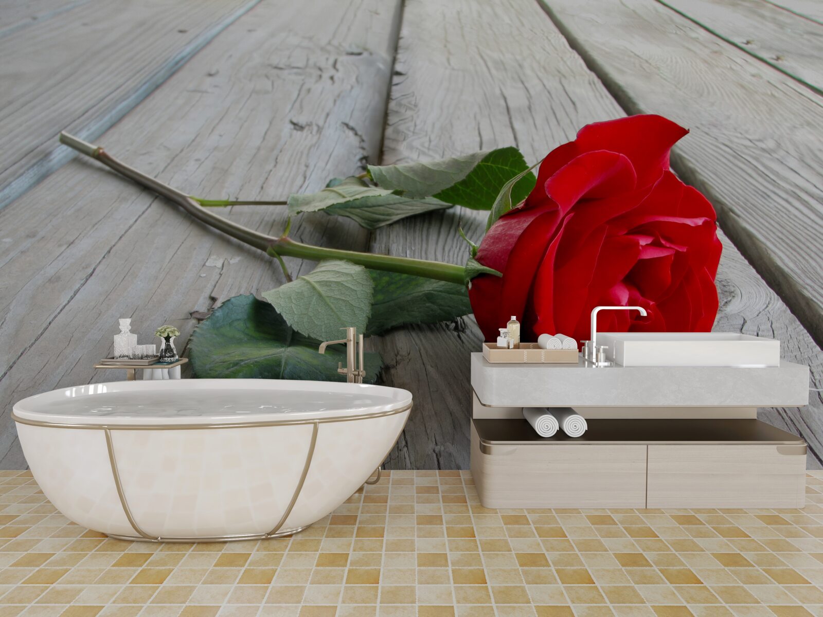 Fototapet floare stacojie pe o suprafață de lemn